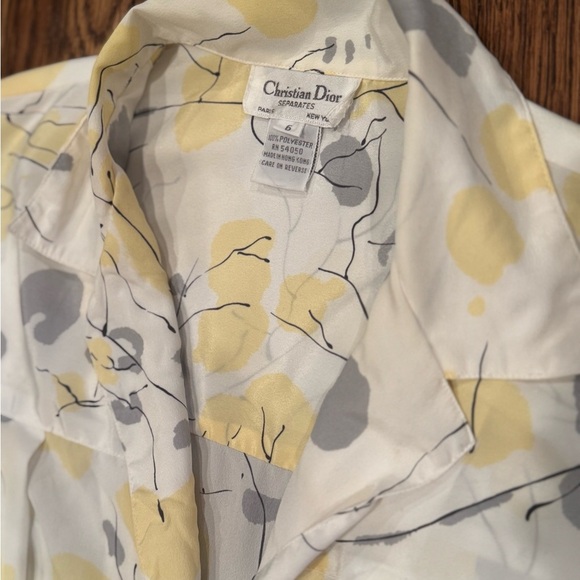 Dior Vintage Classic Feminine Button Up Yellow and Gray Patterned Blouse Size 6 - Picture 3 of 7